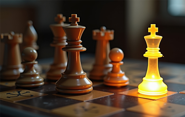 A glowing chess king piece standing out among standard pieces on a chessboard, symbolizing strategic brand positioning in contrast to general branding elements.