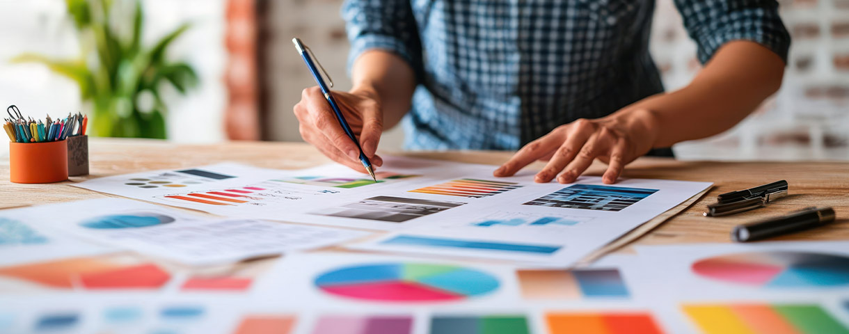 Creative professional analyzing color charts and brand assets at a desk, representing the process of transforming a brand beyond just a new logo.