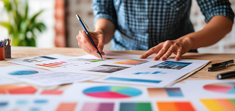 Creative professional analyzing color charts and brand assets at a desk, representing the process of transforming a brand beyond just a new logo.