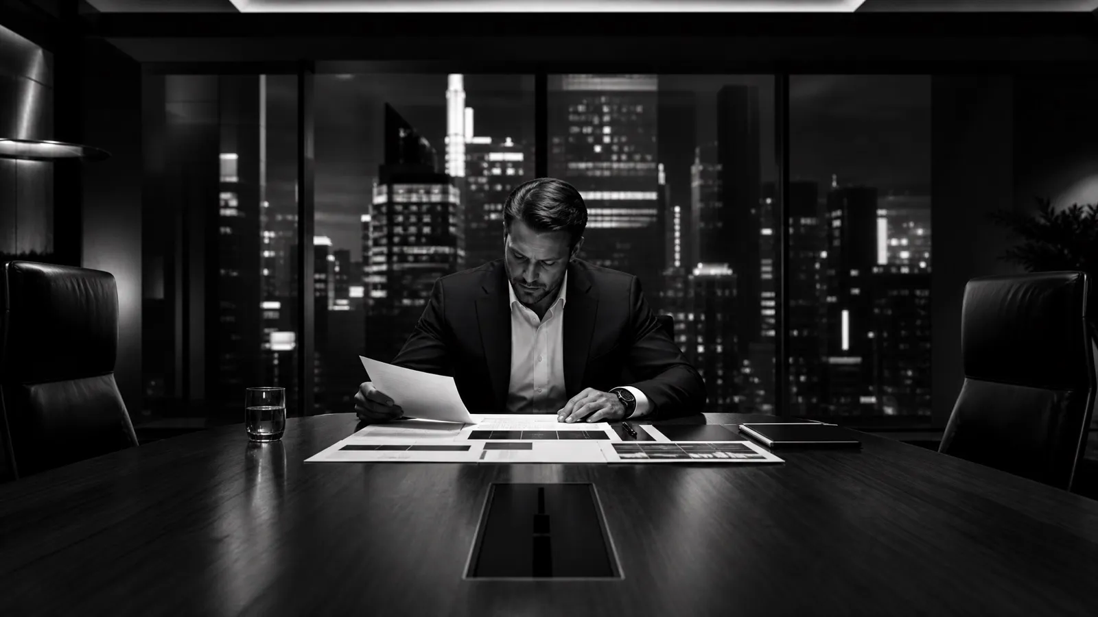 An executive reviewing a proposal at a boardroom table with the city skyline behind him