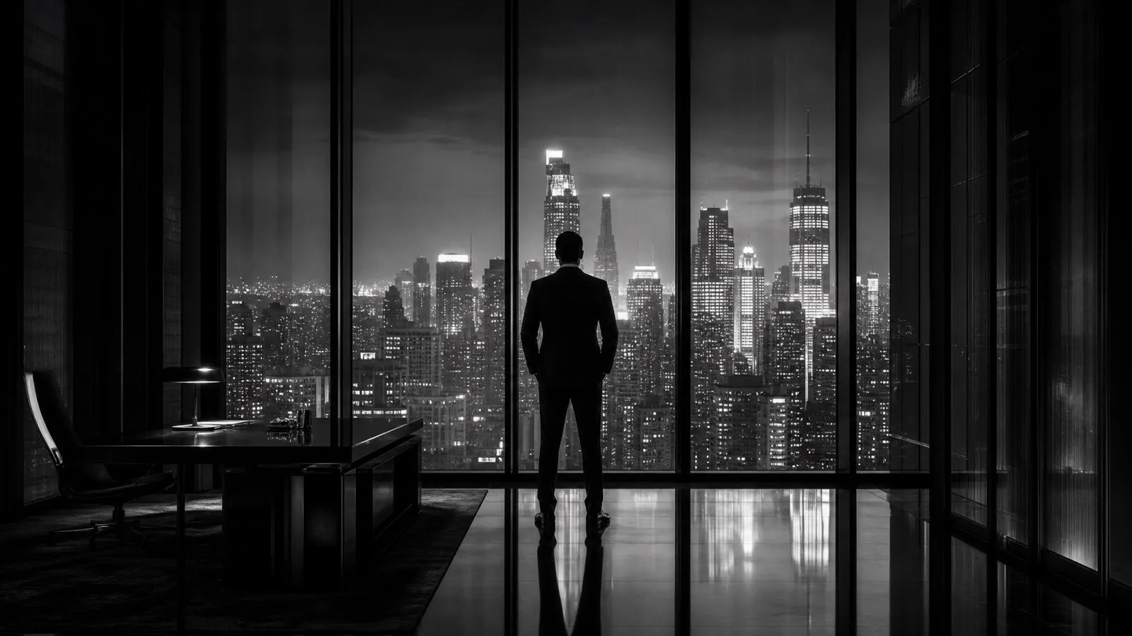 A lone executive at the window of a high-rise office overlooking the city skyline at night