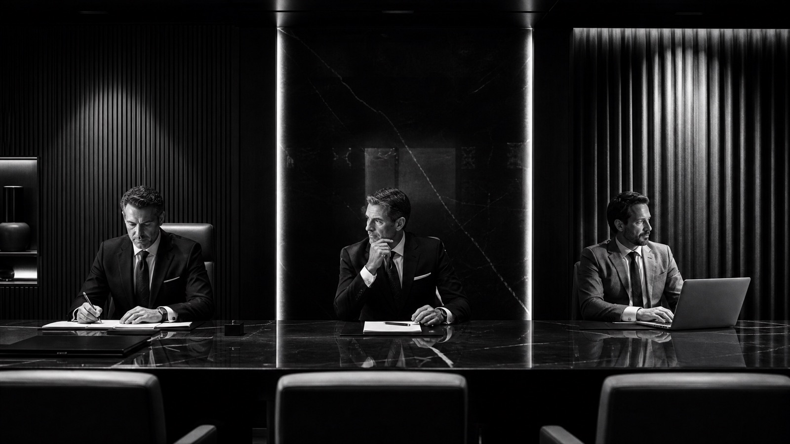 Three executives seated along a boardroom table, each working a different way