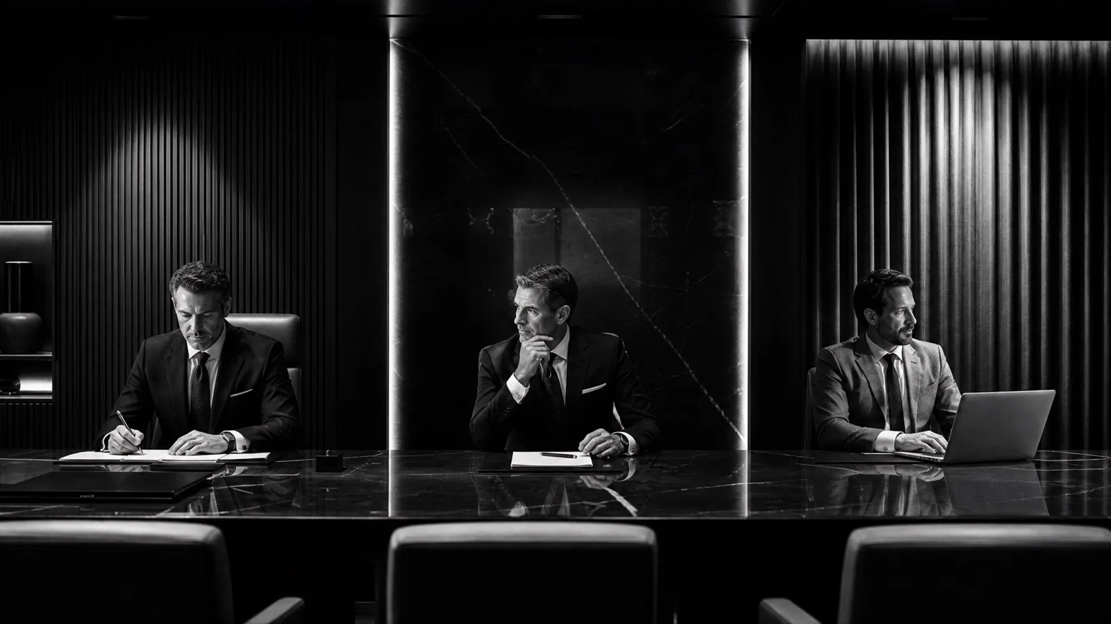 Three executives seated along a boardroom table, each working a different way