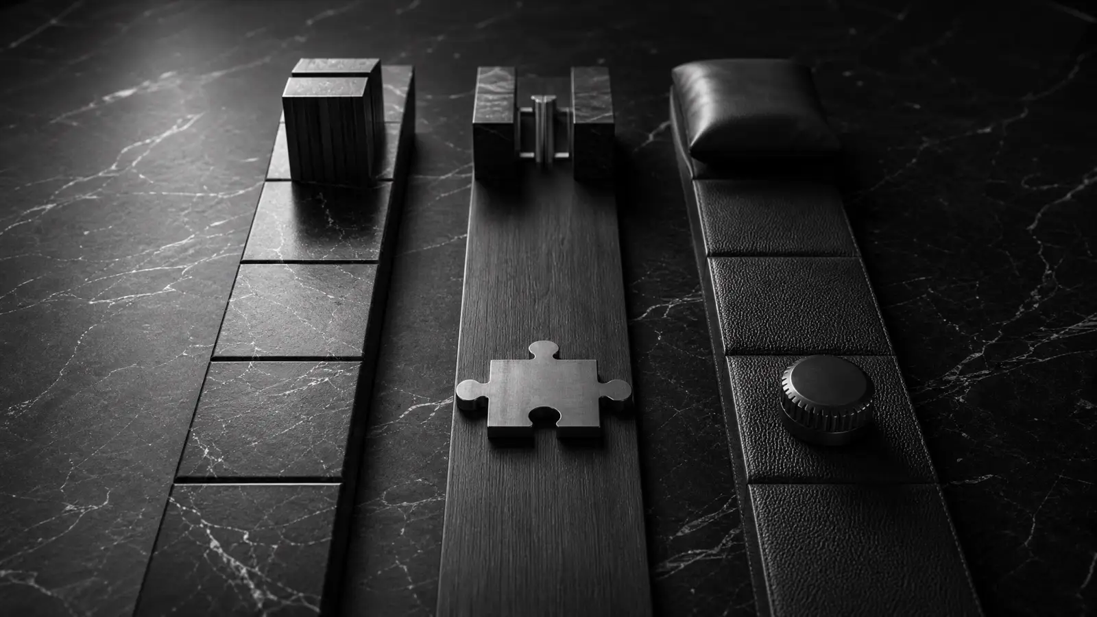 Three material paths on black marble — metal, wood, and leather — representing marketing leadership models