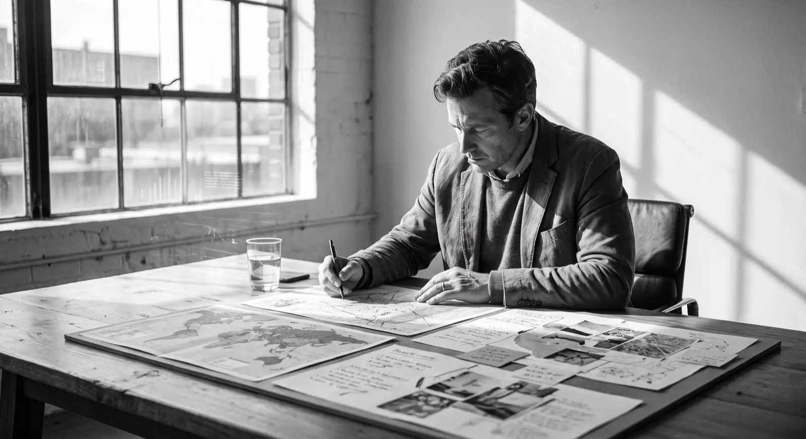 A strategist working through printed research and plans by hand at a studio table