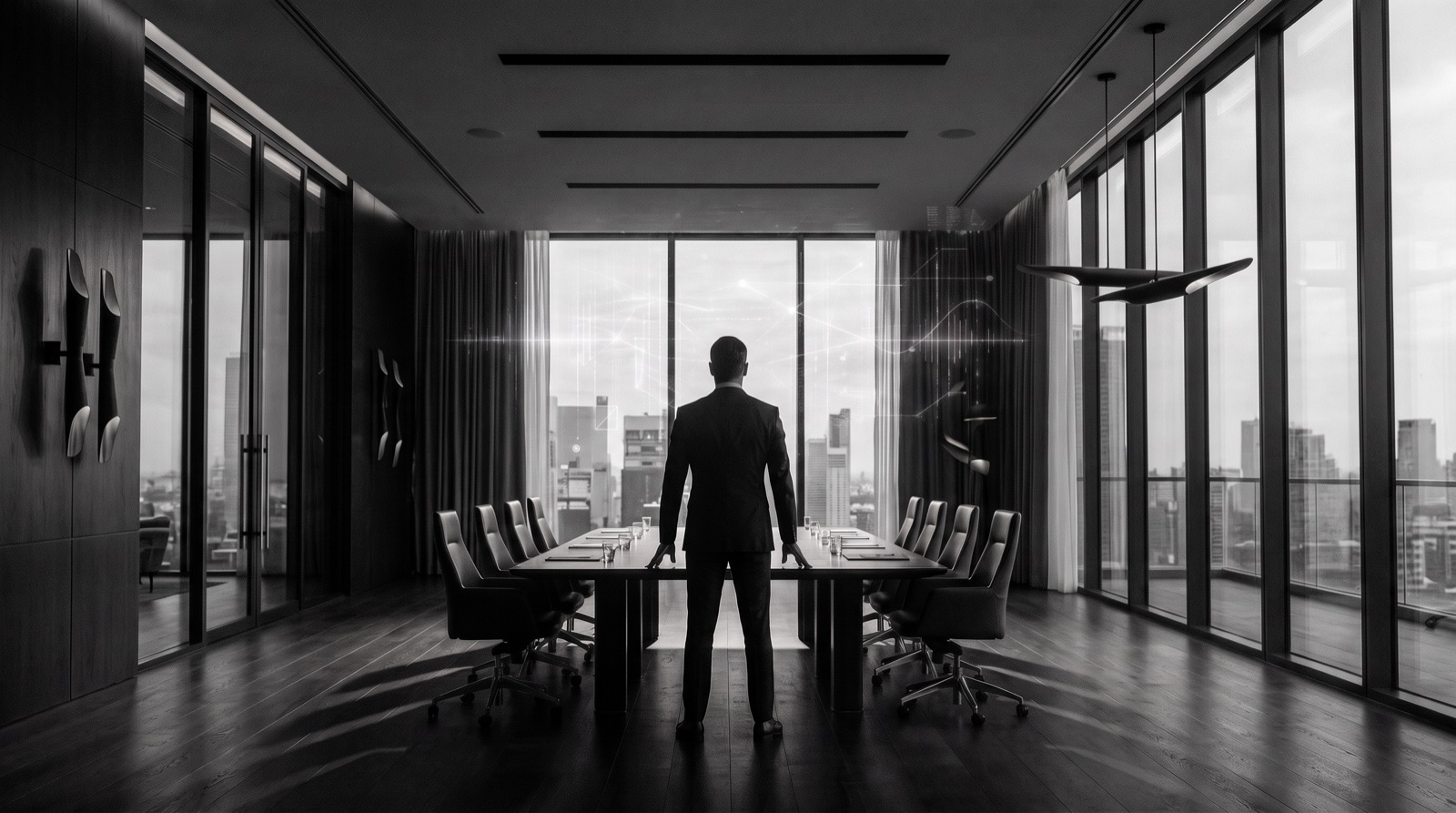 An executive standing at the head of an empty boardroom table facing the skyline, faint AI network lines glowing in the glass