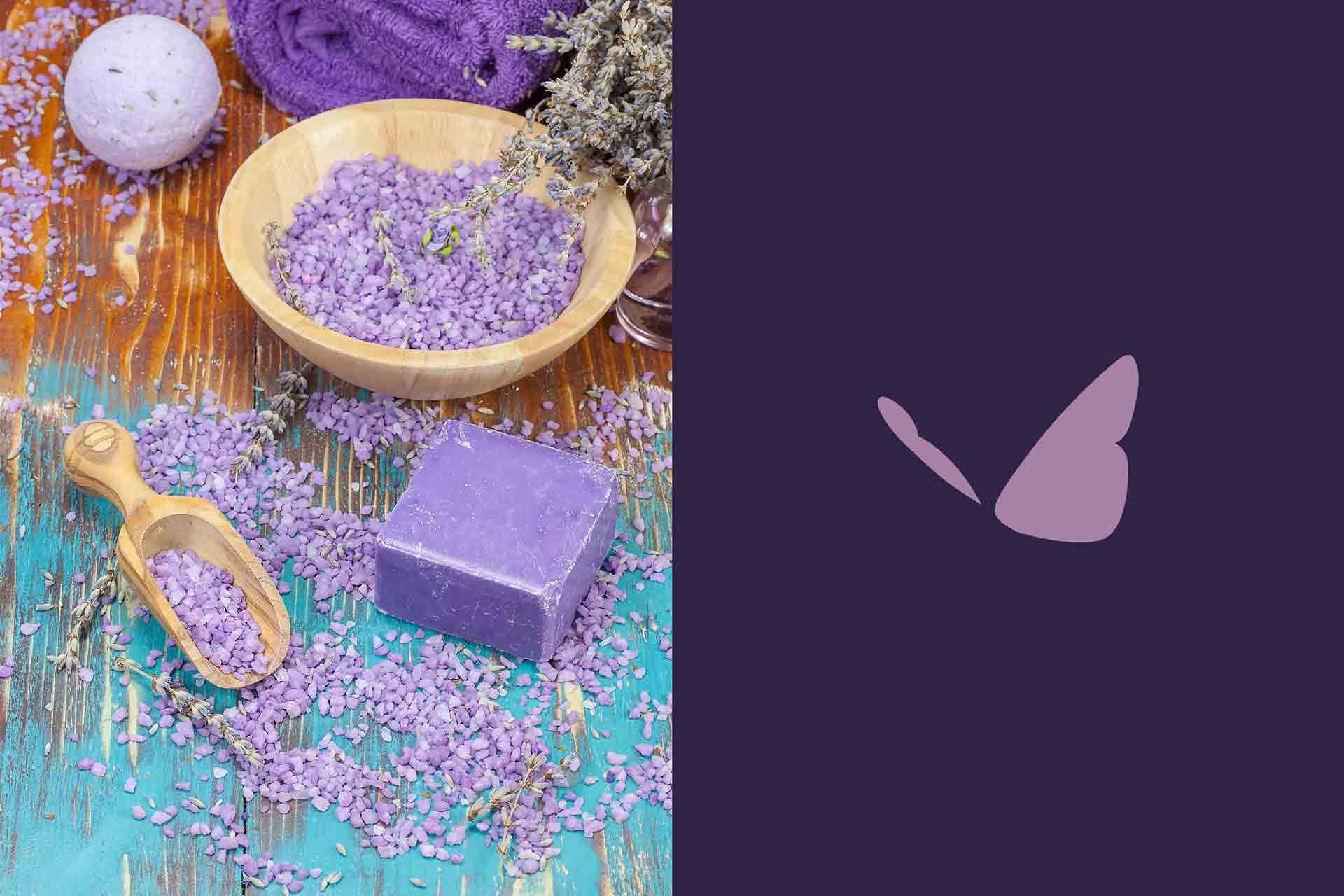 Enfusia bath products and butterfly logomark — brand system in context