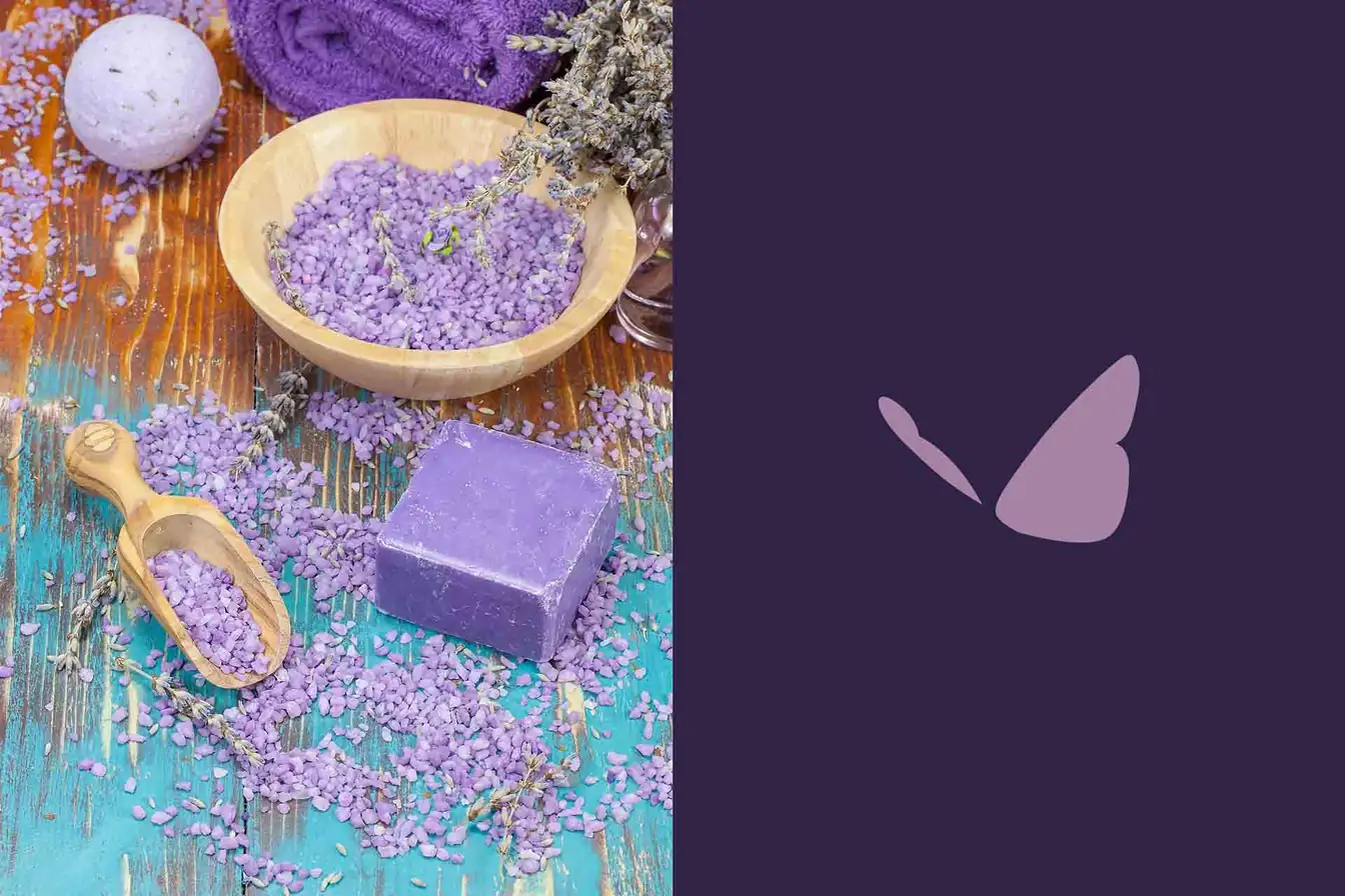 Enfusia bath products and butterfly logomark — brand system in context