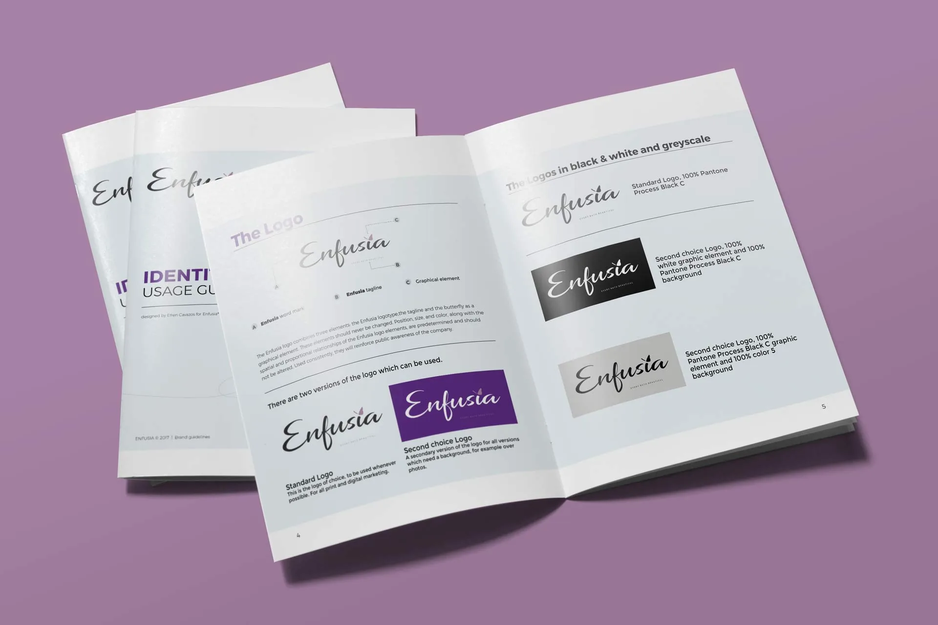 Enfusia brand guidelines — logo usage spread showing primary and secondary marks
