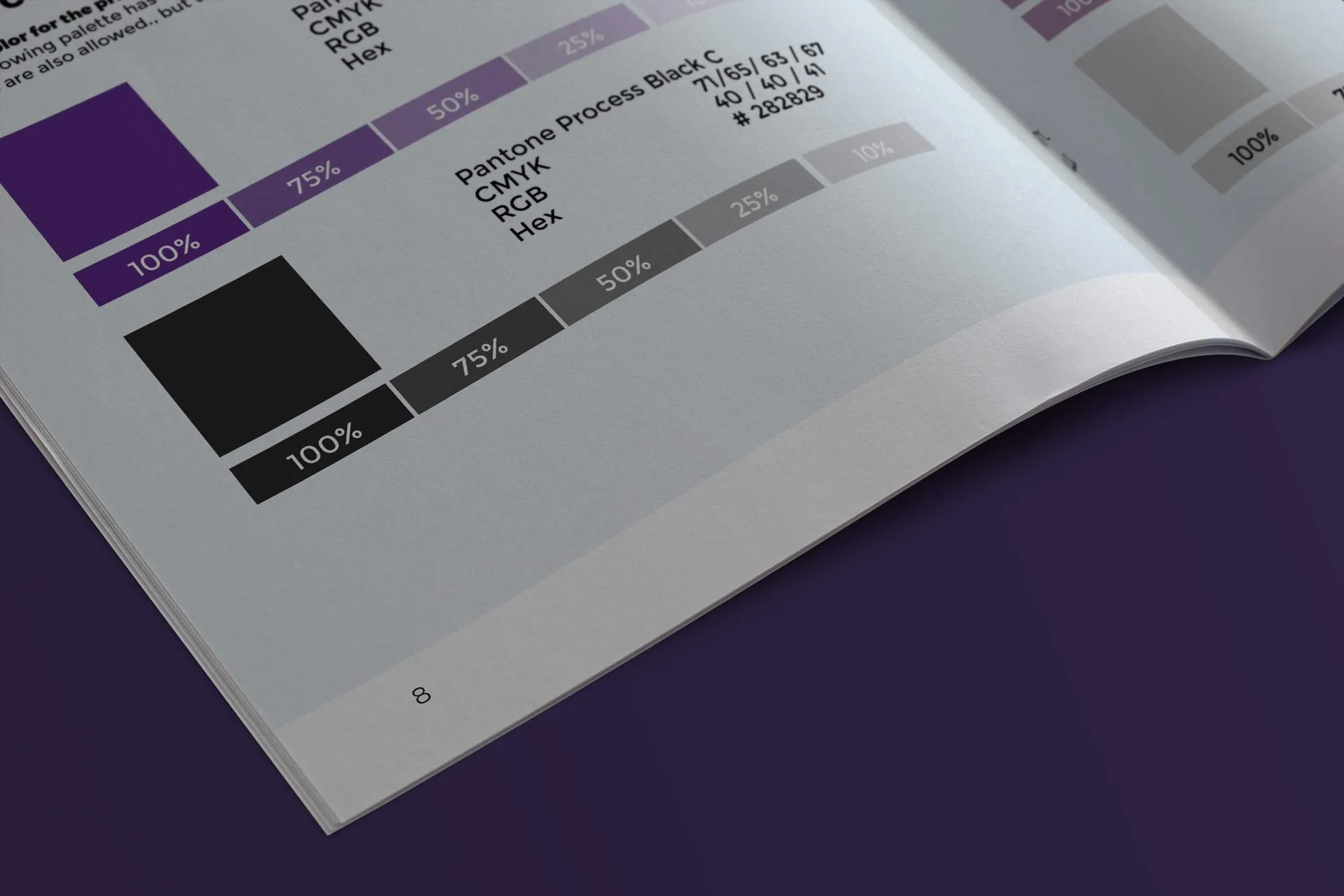 Enfusia brand guidelines — color palette page showing Pantone, CMYK, RGB, and Hex values