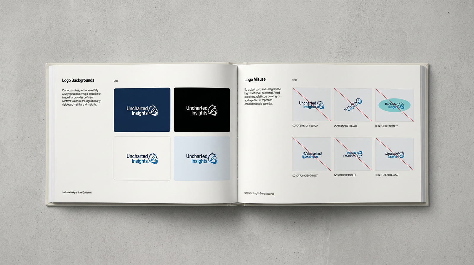 Uncharted Insights brand guidelines — logo backgrounds and misuse