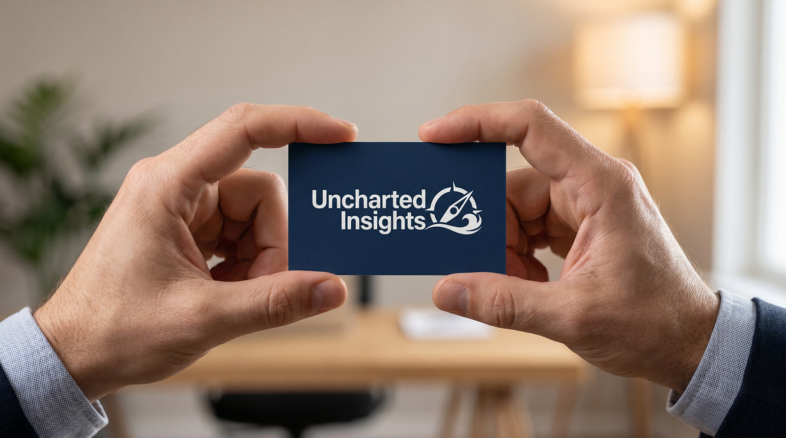 Uncharted Insights brand identity — business card lifestyle